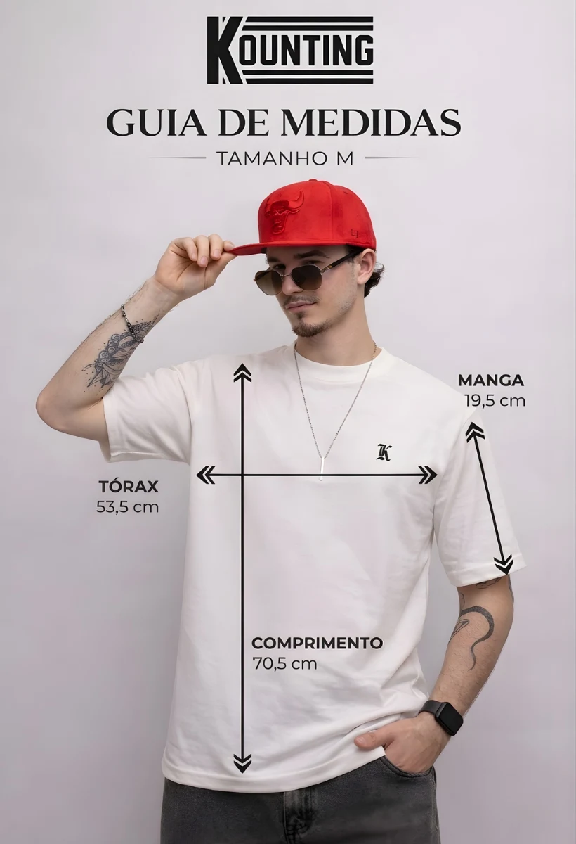Guia de medidas oficial da linha Oversized Premium no tamanho G, com medidas de tórax, comprimento e manga