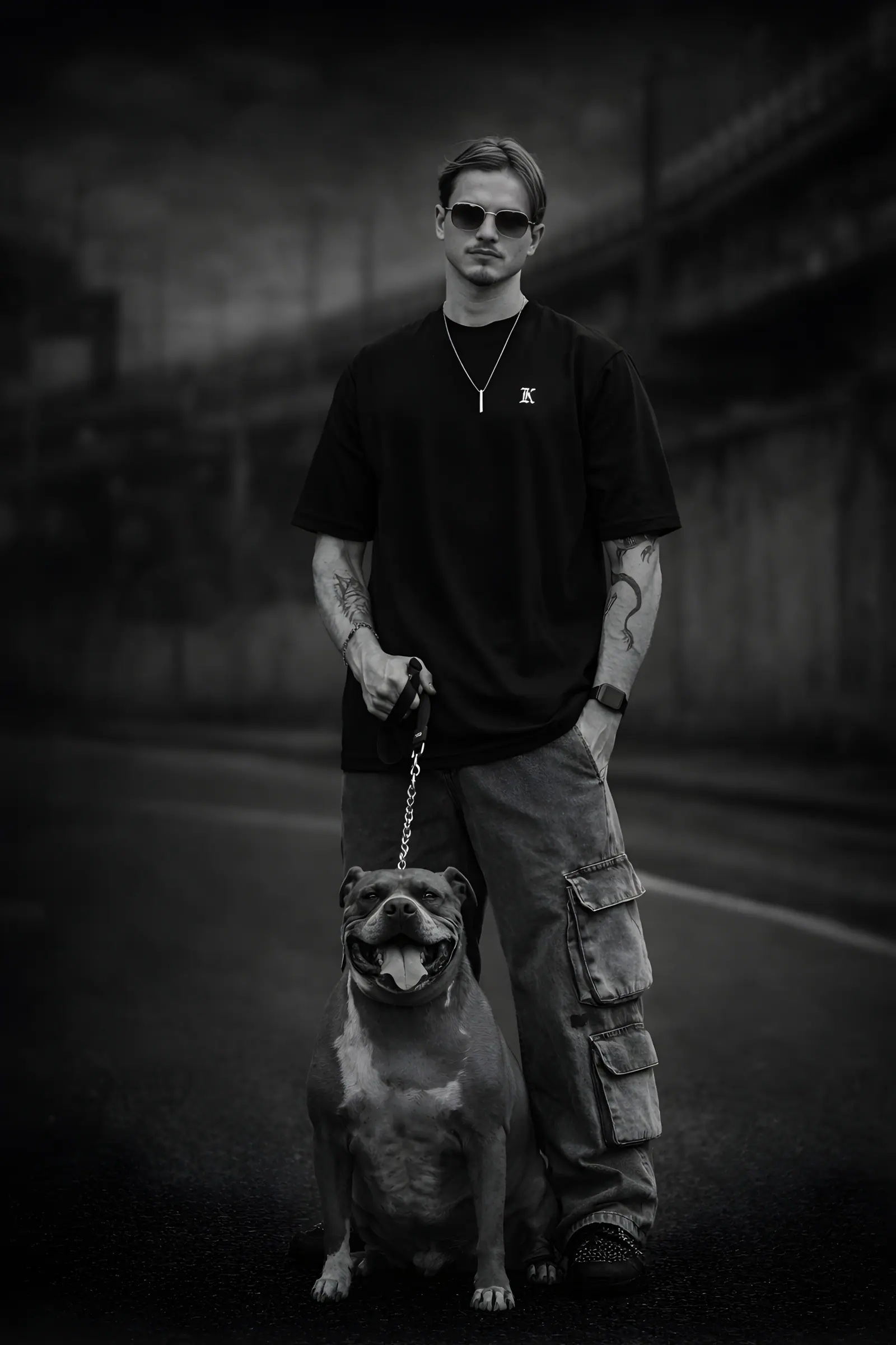 Homem com pitbull vestindo camiseta preta da KOUNTING, versão em preto e branco